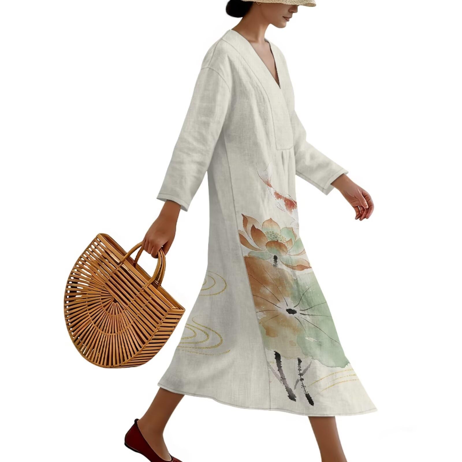 Wanyint Abito boho chic da donna con maniche a 3/4, scollo a V, tunica midi fluida, abito casual da spiaggia e chiesa, S-4XL