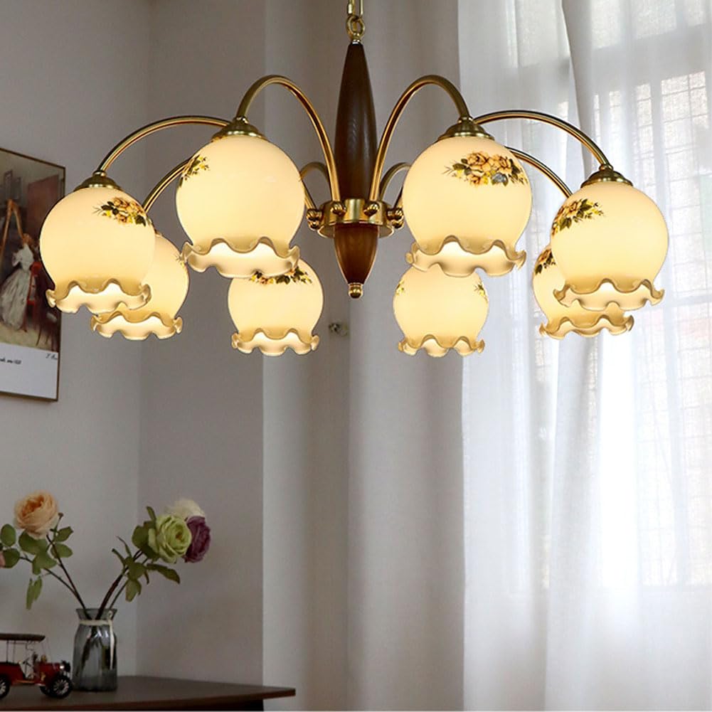 Pęknięty kwiat z litego drewna retro lampa stołowa w stylu rustykalnym, przezroczysta, 6 głowic
