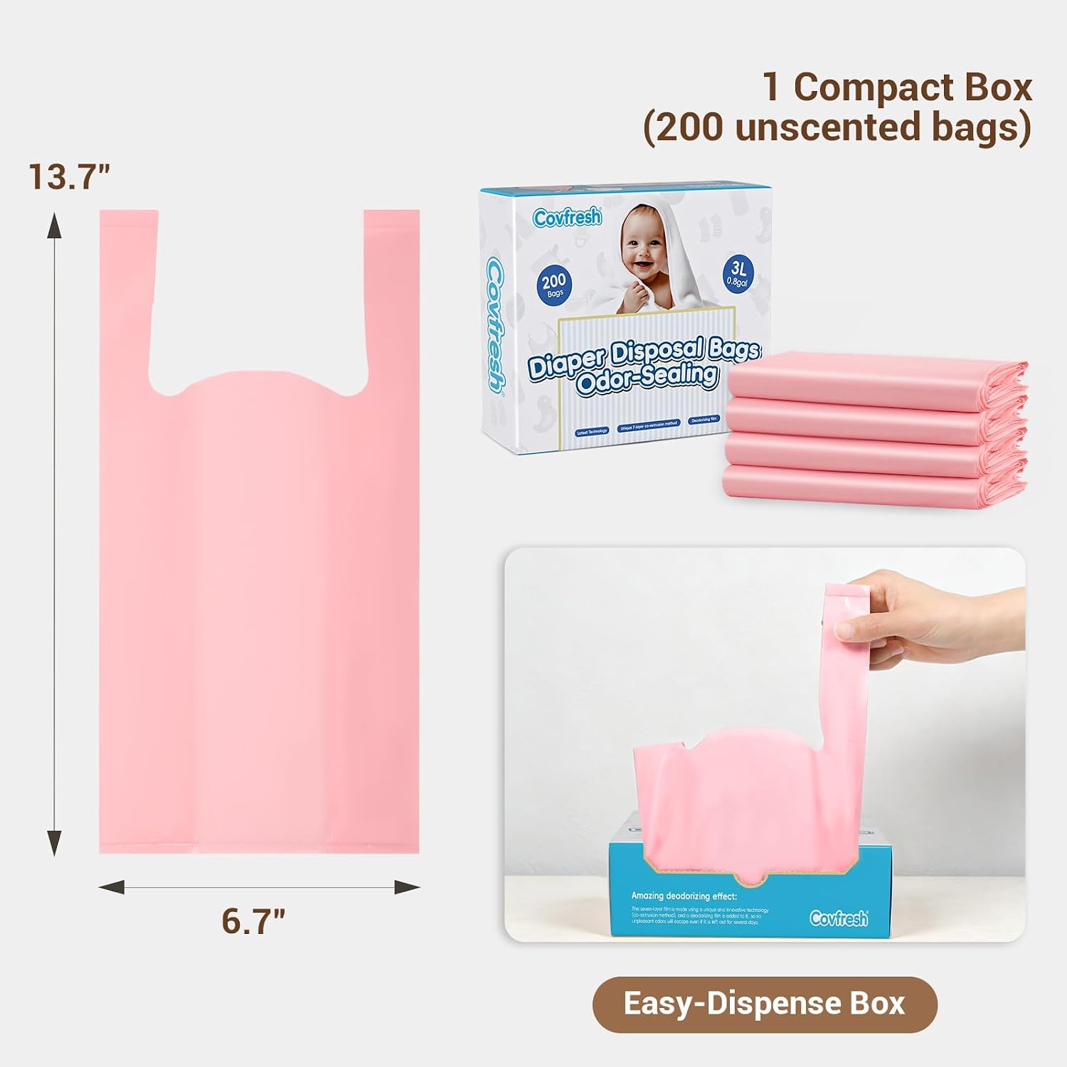 Odor Sealing Diaper Disposable Bags with Tie Handle, 200 count | Large Capacity, Unscented & Durable Diaper Trash Bags for Home & Baby Travel Use (Color:Pink)