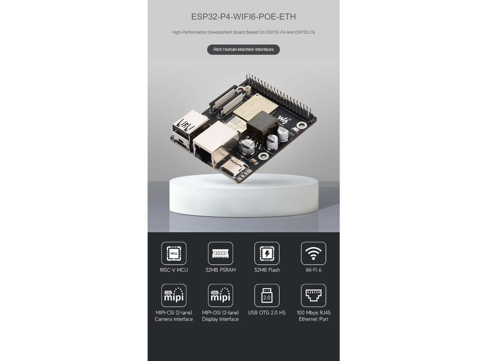 Waveshare ESP32-P4-WIFI6-POE-ETH Development Board Based On ESP32-P4 And ESP32-C6,Supports Wi-Fi 6 And Bluetooth 5 (Le) Integrated Poe Module,Supports Poe Power Supply,Supports AI Speech Interaction
