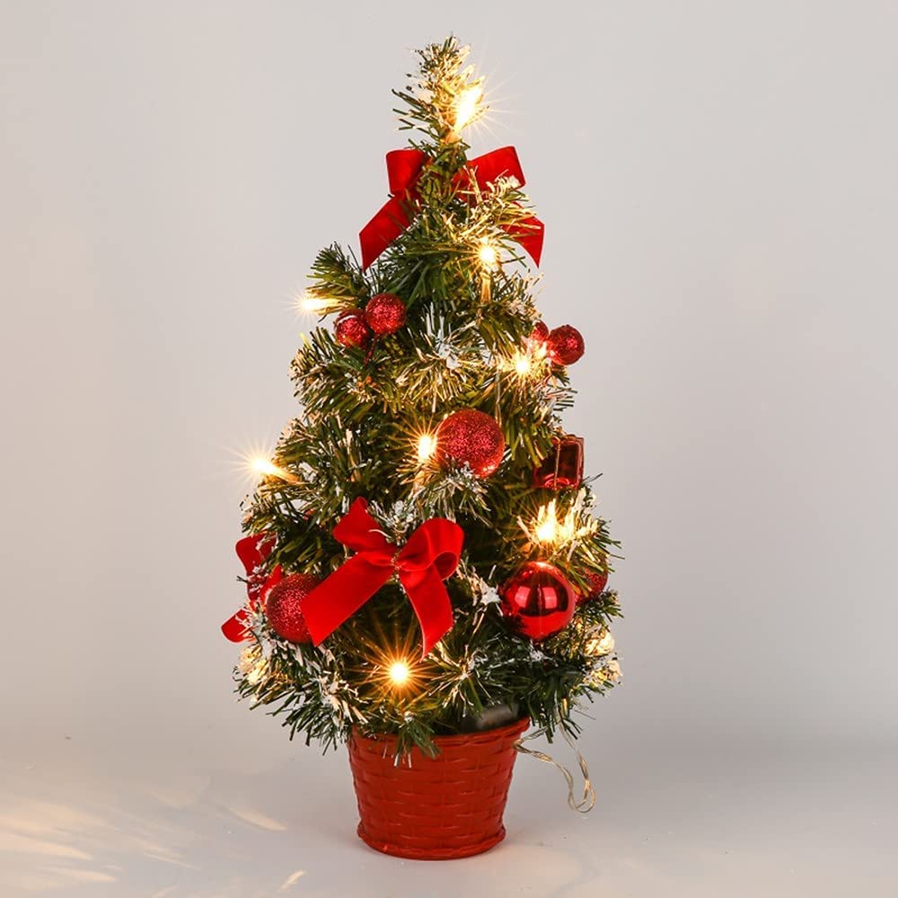 Mini Christmas Tree with Lights, 40cm Lovely Artificial Desktop Battery Operated Lighting Small Christmas Tree, Fit for Office Living Room Kitchen Window Table Christmas Decoration (Red)