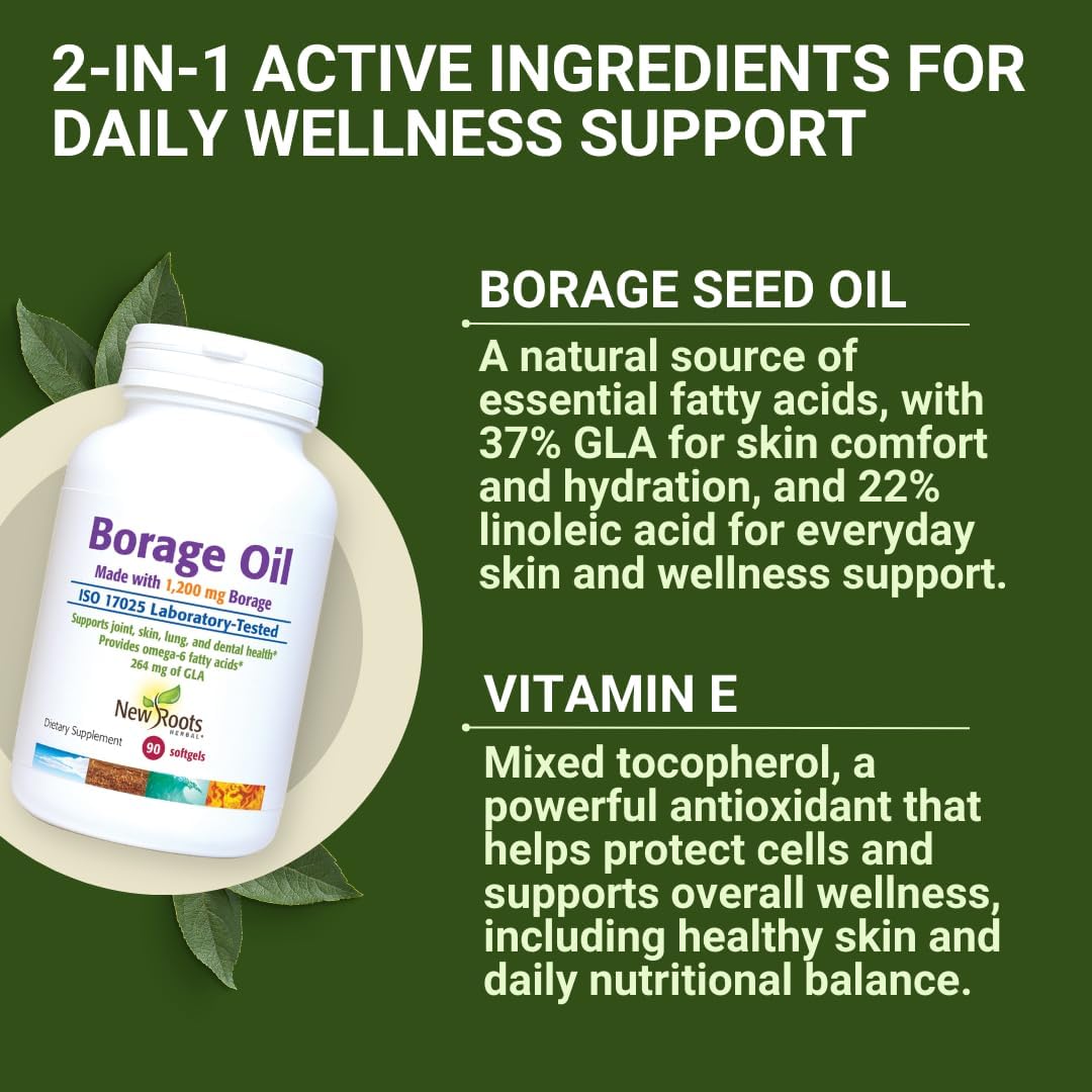 NEW ROOTS HERBAL Borage Oil Supplement 1200 mg | Organic Borage Seed Oil Cold-Pressed (90 softgels), GLA Supplement (264mg) with Linoleic Acid (444mg) | 100% Hexane-Free
