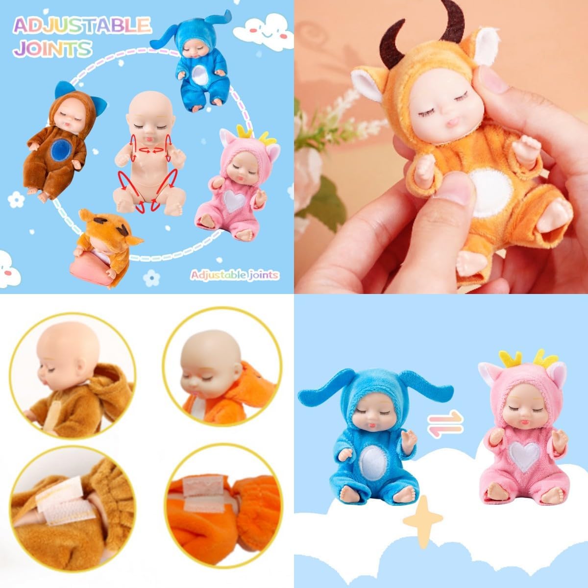 4 Inch Mini Baby Dolls 6pcs Set Realistic Baby Dolls Toys with Cute Handmade Doll Clothes for Suitability Kids 3 and up (Animals)