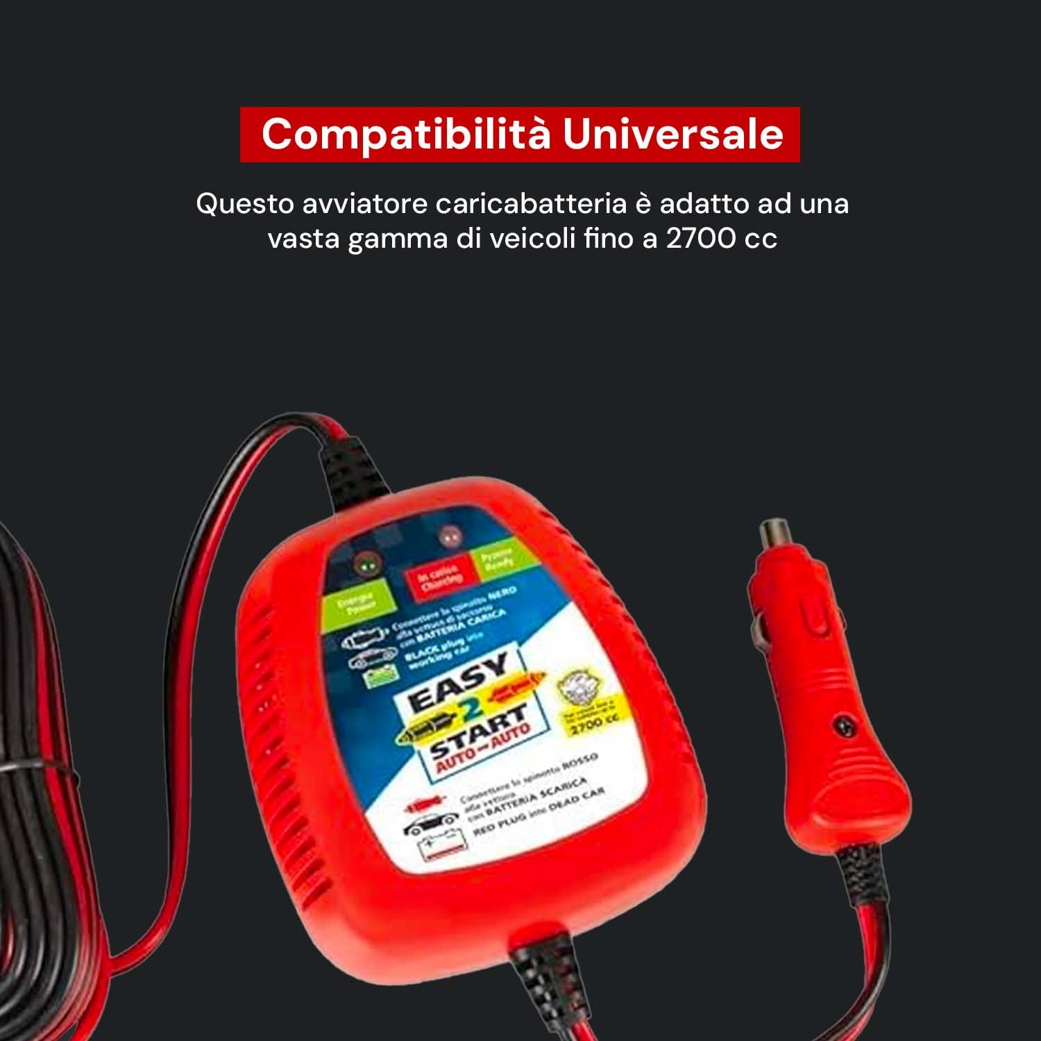 Avilia Universal-Starthilfe-Ladegerät 12 V mit 5 m Kabel – Notfall-Booster für Auto und Motorrad bis 2700 cc mit Zigarettenanzünder, integrierter Schutz