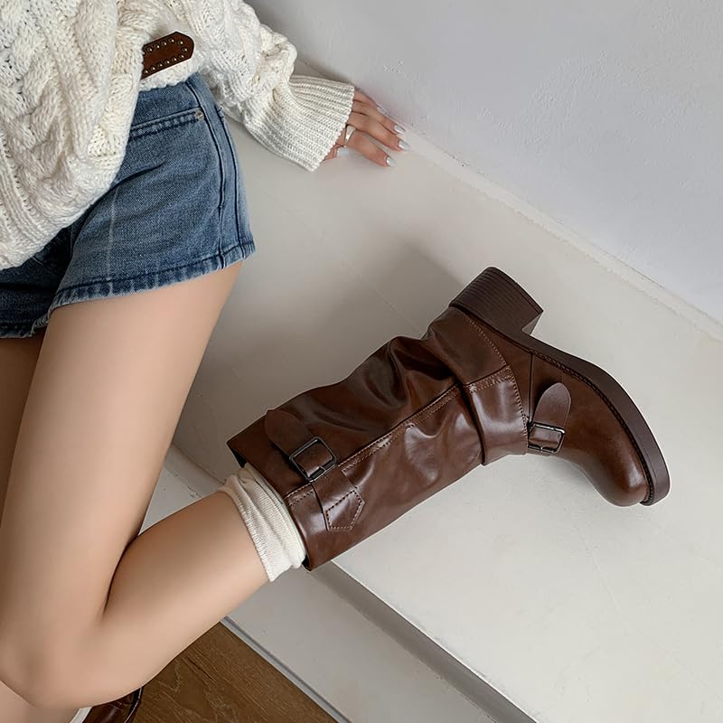 YIYA Women's Fold Over Mid Calf Buckle Combat Boots Chunky Low Heels Motorcycle Riding Biker Boots3