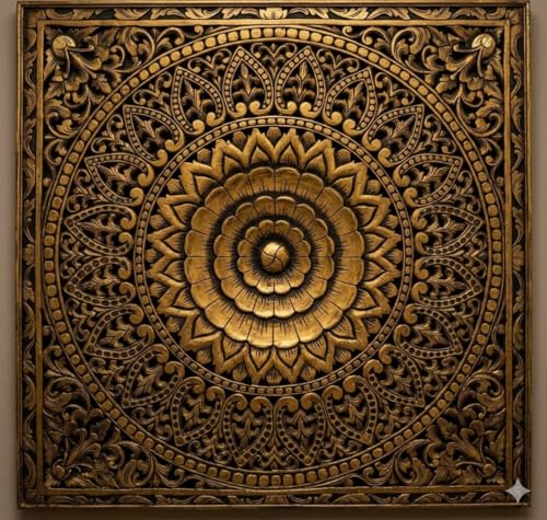 Image of ROYAL TRADERS Hand Carved Wooden Mandala Wall Panel | Vintage Floral Wall Art | Decorative Wooden Wall Hanging | Boho Home Decor Panel Large Wall Decor Panel, Wooden Carving Wall Hanging (ANTIQUE GOLD)