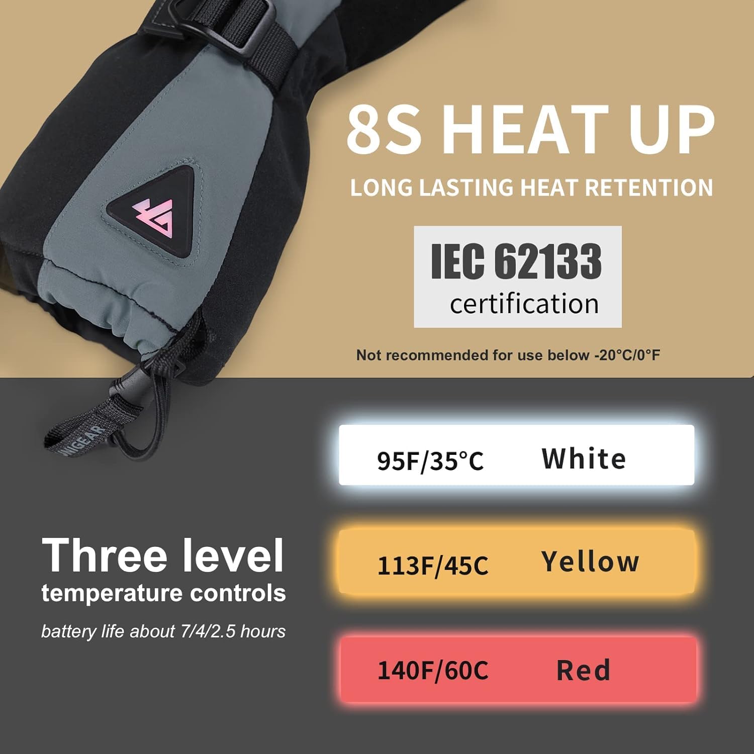 Unigear Gants Chauffants Rechargeables, Gants de Ski Chauffants à Batterie avec 3 Niveaux de Chauffage, Gants Chauffants Électriques à Écran Tactile pour Le Ski, Le Snowboard et Les Raynauds