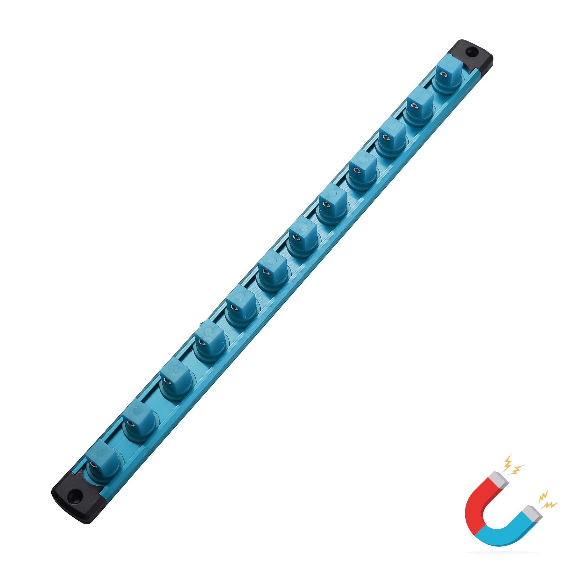 ALOANES Magnetic Socket Organizer, 1/2-Inch Drive Aluminum Socket Holder Socket Tray, Heavy Duty Socket Rail Organizer for Tool Box Drawer, 360°Swivel Clips Socket Rack 1/2-Inch x 12 Clips (Aqua Blue)