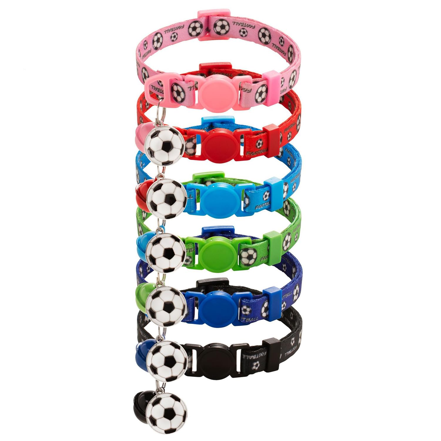 Flymind 6 Pack Puppy Collars with Bell, Breakaway Cat ID Collars Adjustable 7.5-12.6in, Cute Football Pattern Soft Nylon Identification Collars for Girl Boy Puppy Cat, Pet Gifts(Football)