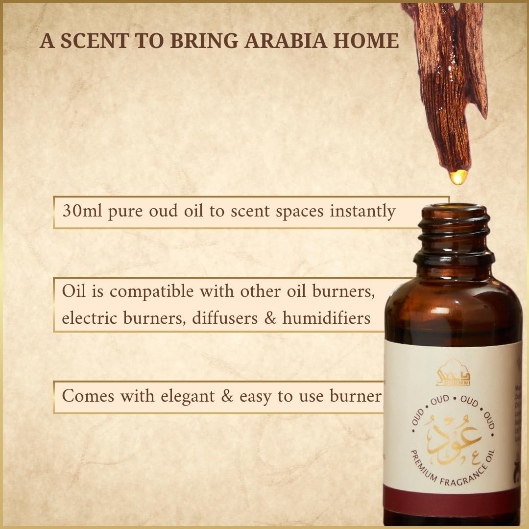 Dukhni Oud Combo | 30ml Diffuser Oil, 6ml Dehn Al Oud Attar, Wrought Iron Burner, Brass Bowl, Wooden Coaster & Tea Light Candle | Luxury Arabian Fragrance for Ramadan & Gifting - Image 4
