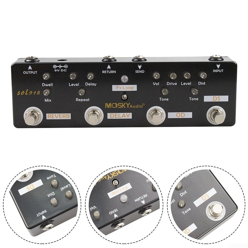 5-in-1 Gitarren-Multi-Effektpedal mit Distortion Overdrive Delay Reverb und Loop True Bypass für E-Gitarrenverstärker Schwarz