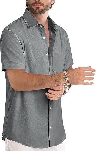 Miniatura 108 de JMIERR Camisas de vestir a rayas con botones y manga corta para hombre