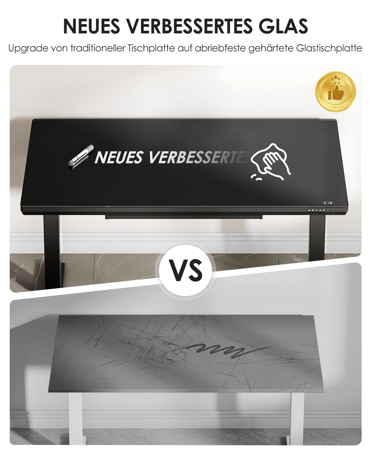 OffiGo Szklane Biurko Regulowane Z Szufladami, 140 x 60cm, Czarny | Elektryczne Biurko Regulowane Wysokością, z USB i Type-C, Szufladami do Biura i Domu