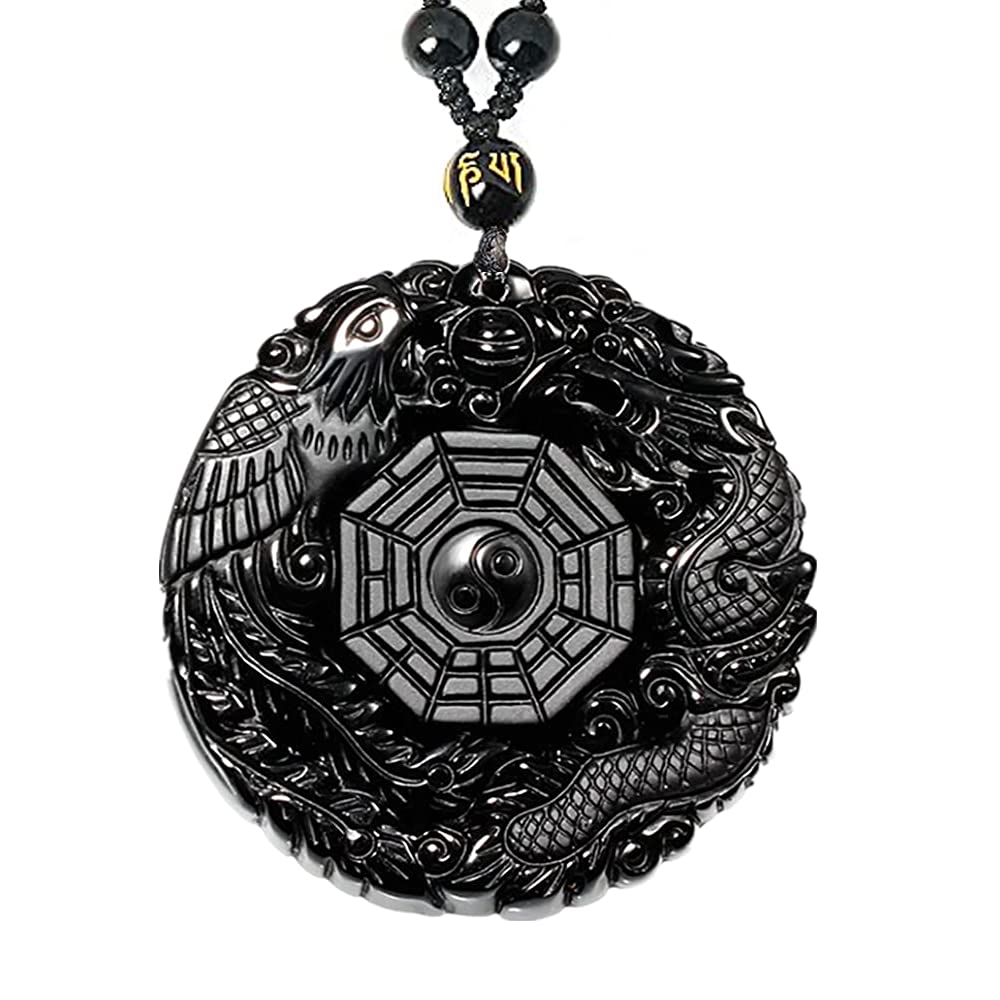 Natural Obsidian Necklace Lucky Amulet Protection Pendant with Adjustable Bead Chain Black Crystal Talisman Spiritual Jewelry Gift for Men Women