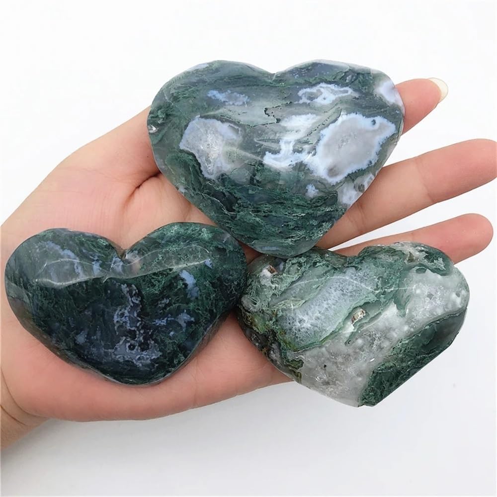AARTERZZA 1pc Big Moss Agate Heart Shaped Hand Carved Crystal Gift Polished Quartz Crystals Home Decor(60-70mm)