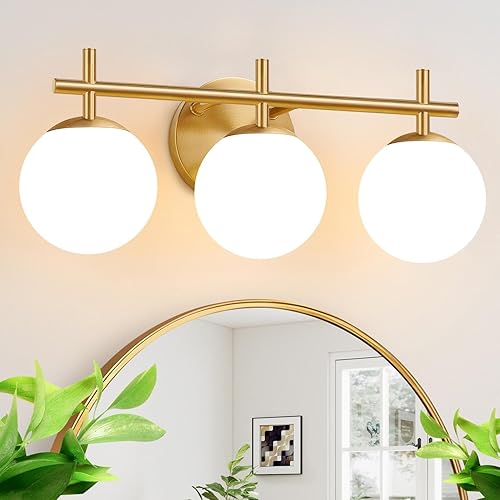 Lámparas de baño de 3 luces, luces doradas cepilladas para baño con pantalla de bola de vidrio blanco lechoso, accesorios de iluminación de baño de