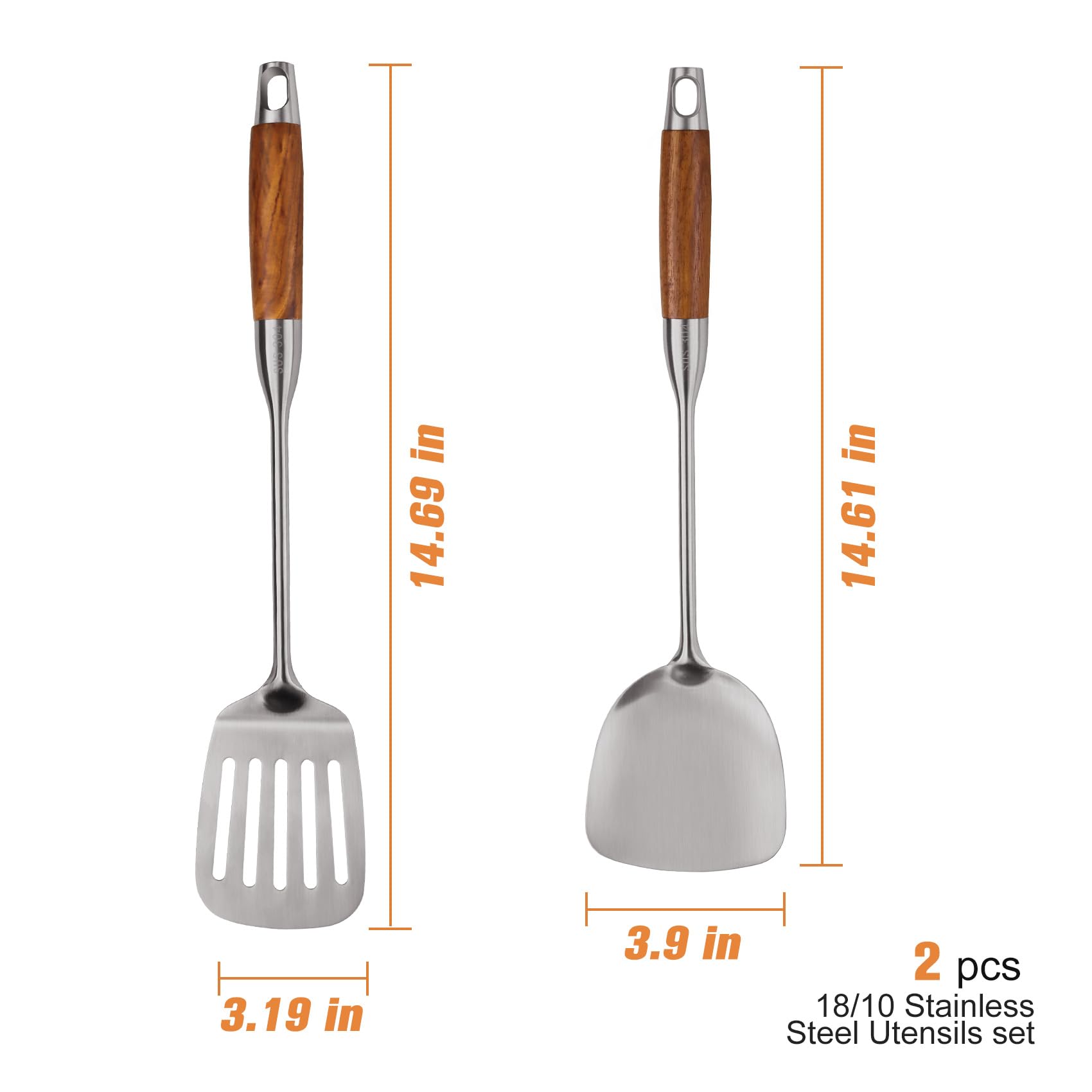 Küchenutensilien-Set aus 304 Edelstahl mit Holzgriff, 12-teiliges hitzebeständiges Metall-Kochutensilien-Set, Pfannenwender, Schöpflöffel, Skimmer, Spaghetti-Löffel, Zange, Kartoffelstampfer