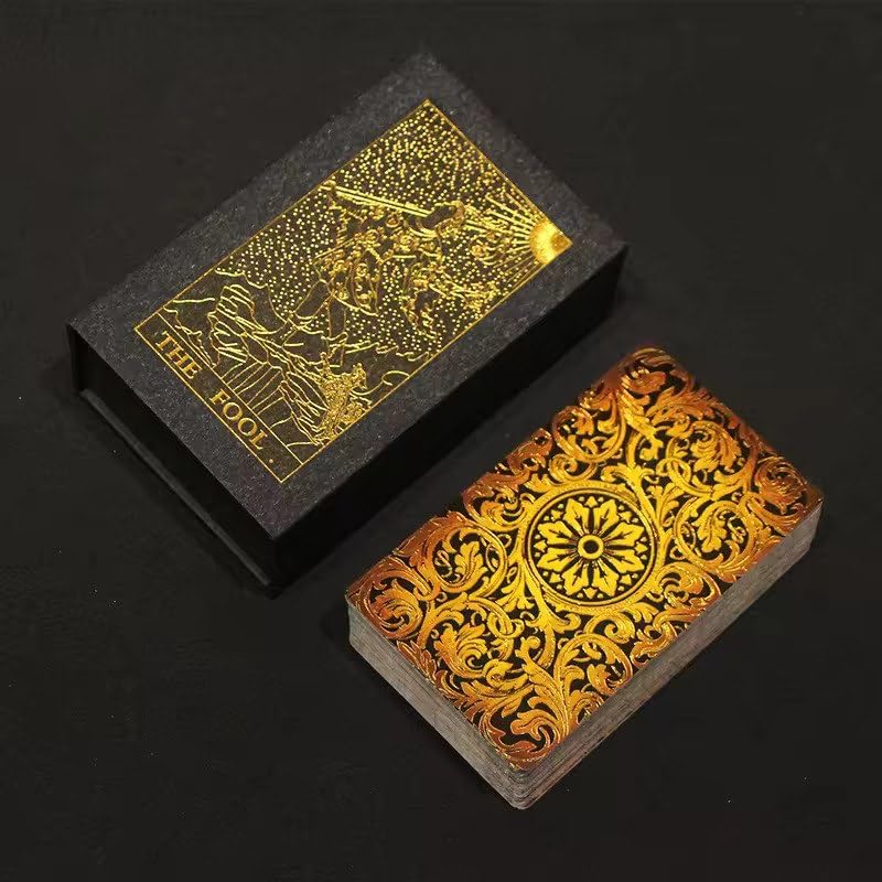 Image of AYME Dark Edition Gold foil Tarot Cards Game with Guide Book 78 Tarot Cards Deck for Beginners and Professional Player with Box Tarot PVC Durable Waterproof Wrinkle Resistant