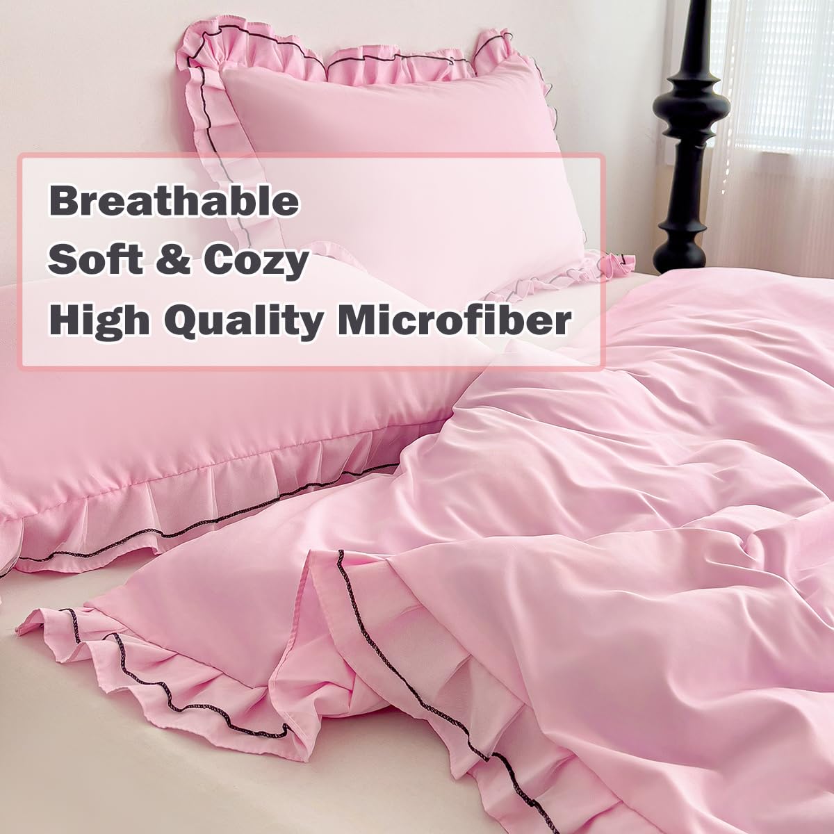 LMONMOO Twin Duvet Cover, Pink Chic Lace Bedding Set with Double Ruffle, 3 Pieces Luxury Princess Style Comforter Cover Soft Breathable for Girls Kids Teen, All Season(Pink, Twin)