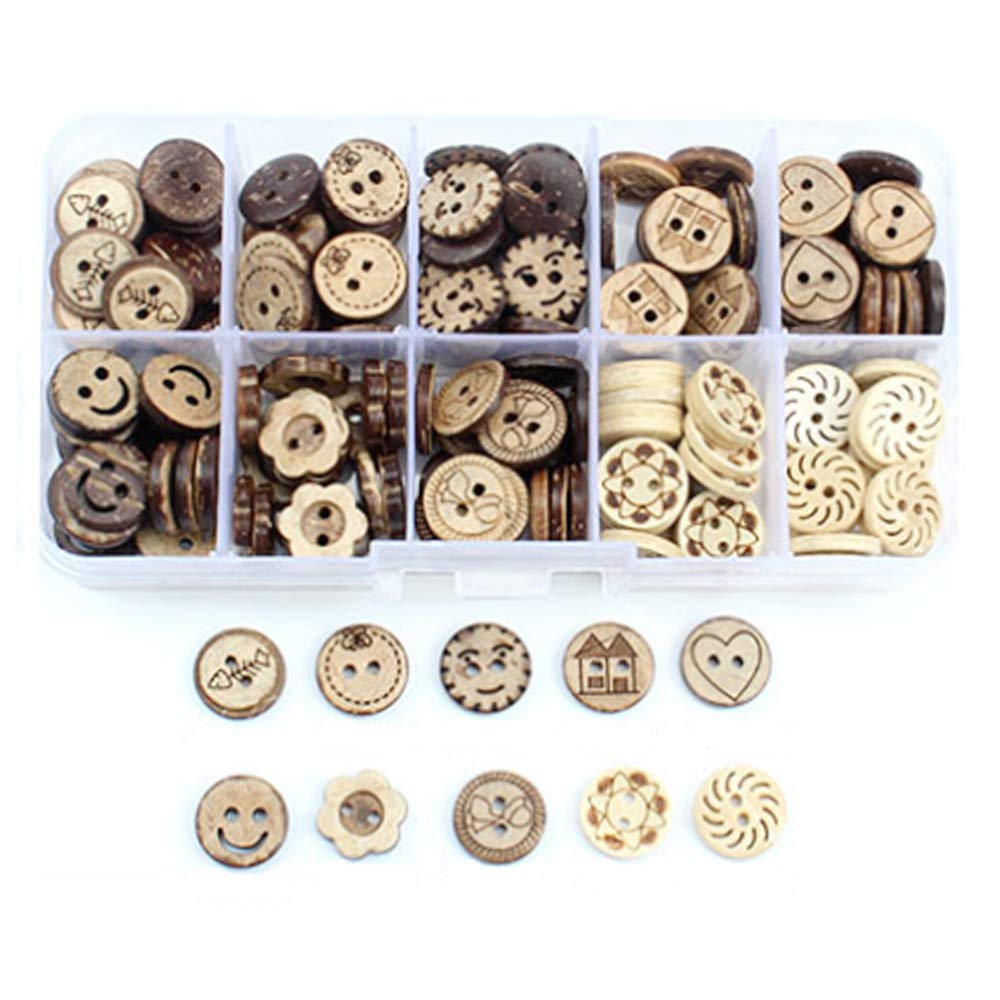 100 Bottoni In Guscio Di Cocco Naturali - 5 Misure Con 2 Fori Per Cucito E DIY - Foto 5