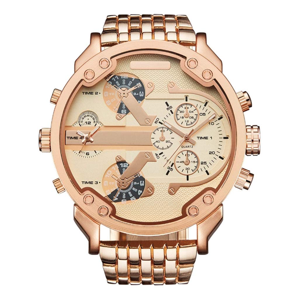 N/RMen's Dual Time Zone Watch, Japanese Quartz Individual Dial Watch (Color : Gold)