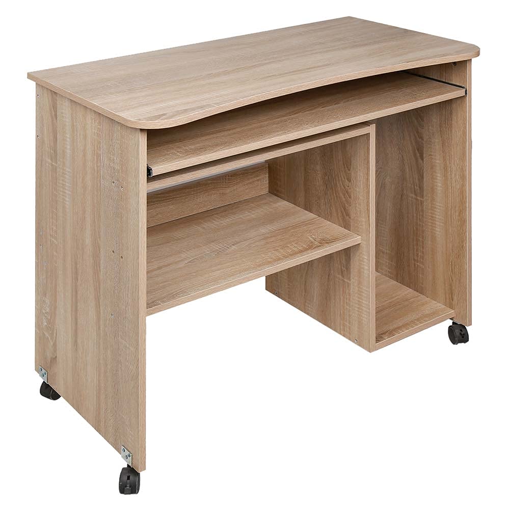 BAKAJI Schreibtisch mit ausziehbarer Tastaturablage, Unterablage und Pora Fach, Computertisch, Arbeitstisch, PC-Tür aus MDF-Holz, mit 4 Rollen, Moderne Einrichtung für Zuhause, Büro, Kinderzimmer