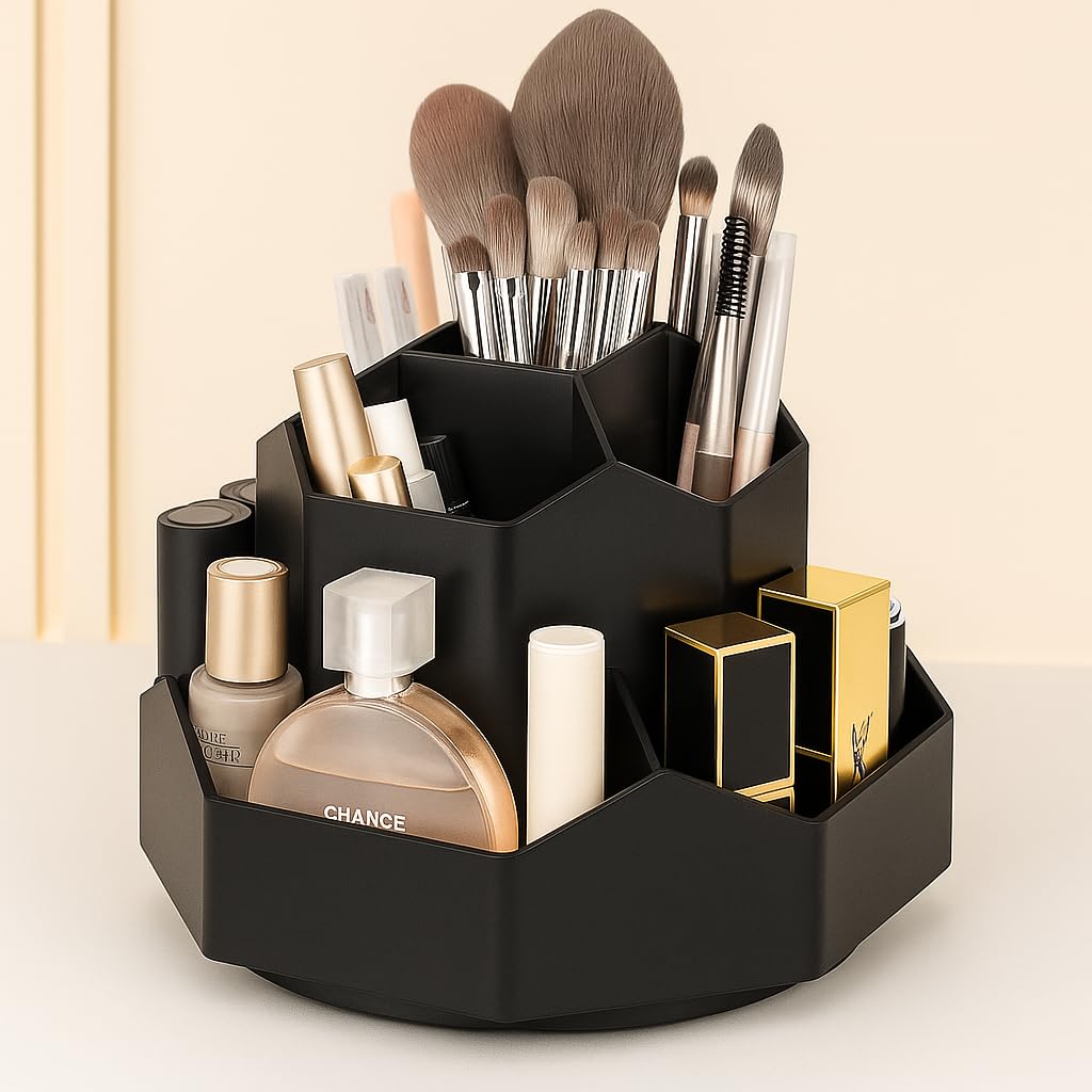 Makeup Brush Holder Organizer,360° Rotating Makeup Brush Organizer,9 Slot Make up Brushes Cup for Cosmetics, Nail Polish, Art Supply, Bathroom Vanity Desktop Organizer (BLACK)
