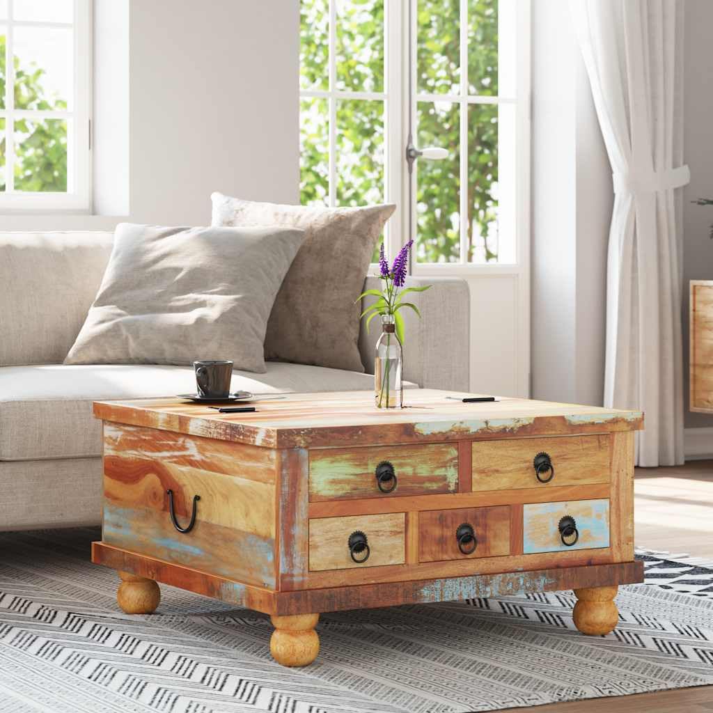 Générique Vintage przemysłowy stolik kawowy z odzyskiwanego drewna 70x70x38 cm, stolik pomocniczy z 5 szufladami i komorą wewnętrzną, ręcznie wykonany z drewna tekowego z drewna akacjowego, styl