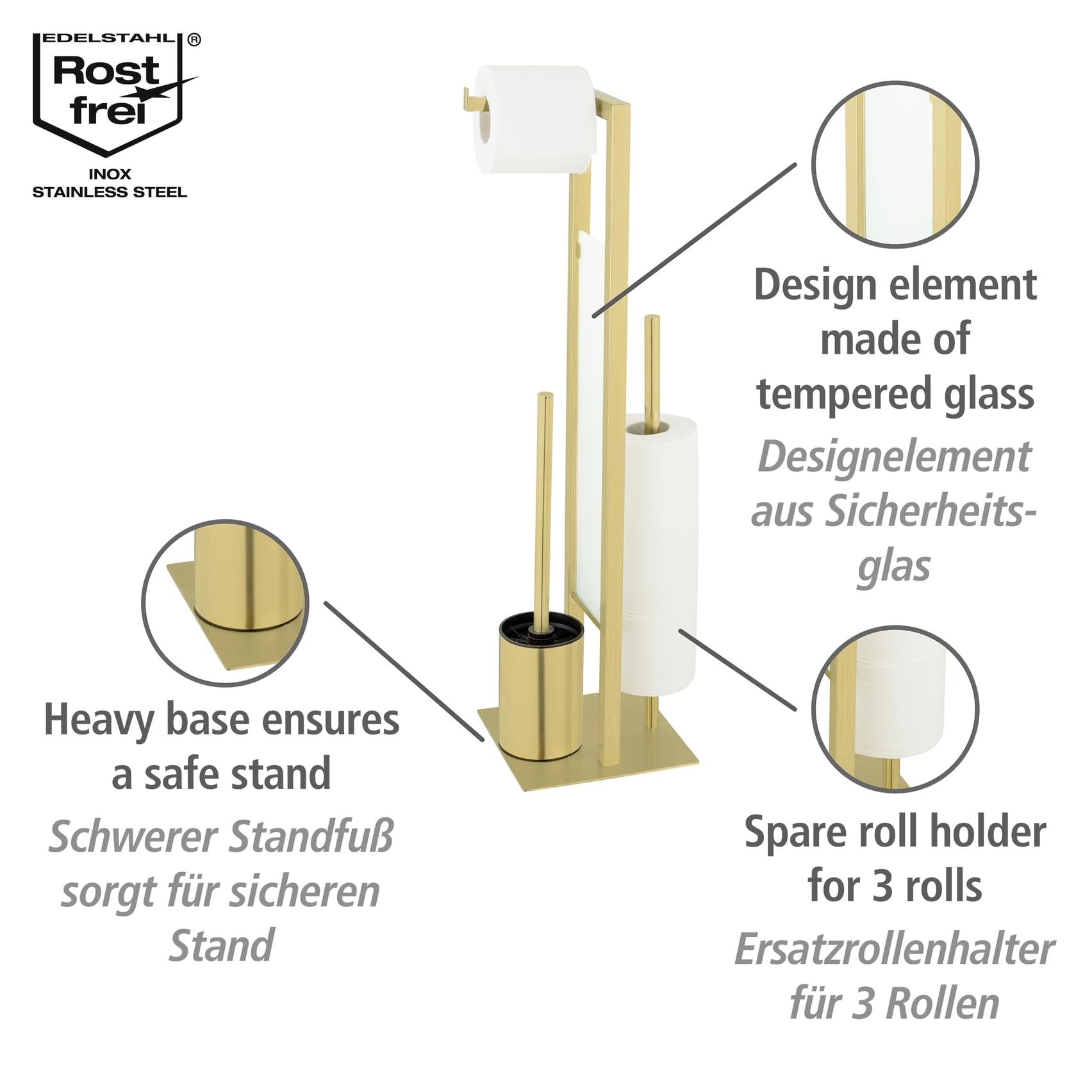 Stand Rivalta Gold - Escobillero de inodoro de pie 3 en 1 para papel higiénico, ruedas de repuesto y escobilla de inodoro, acero inoxidable, 18 x 70 x 23 cm, color dorado