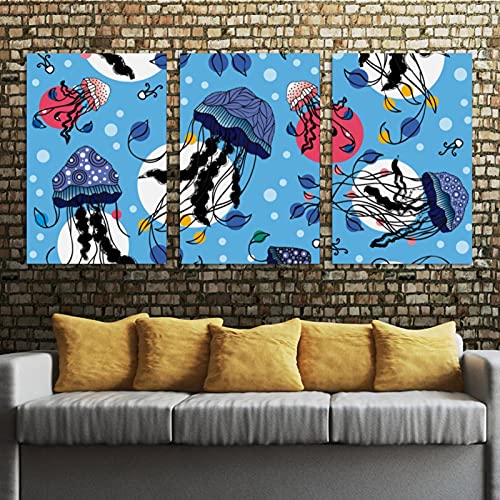 Impression sur toile méduse décoration murale salon triptyque encadré