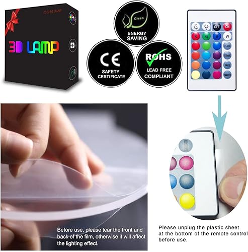 Miniatura 7 de Luz nocturna con ilusión 3D de cuatro ruedas, 16 colores que cambian de color, táctil inteligente y control remoto, lámpara LED de mesita de noche,