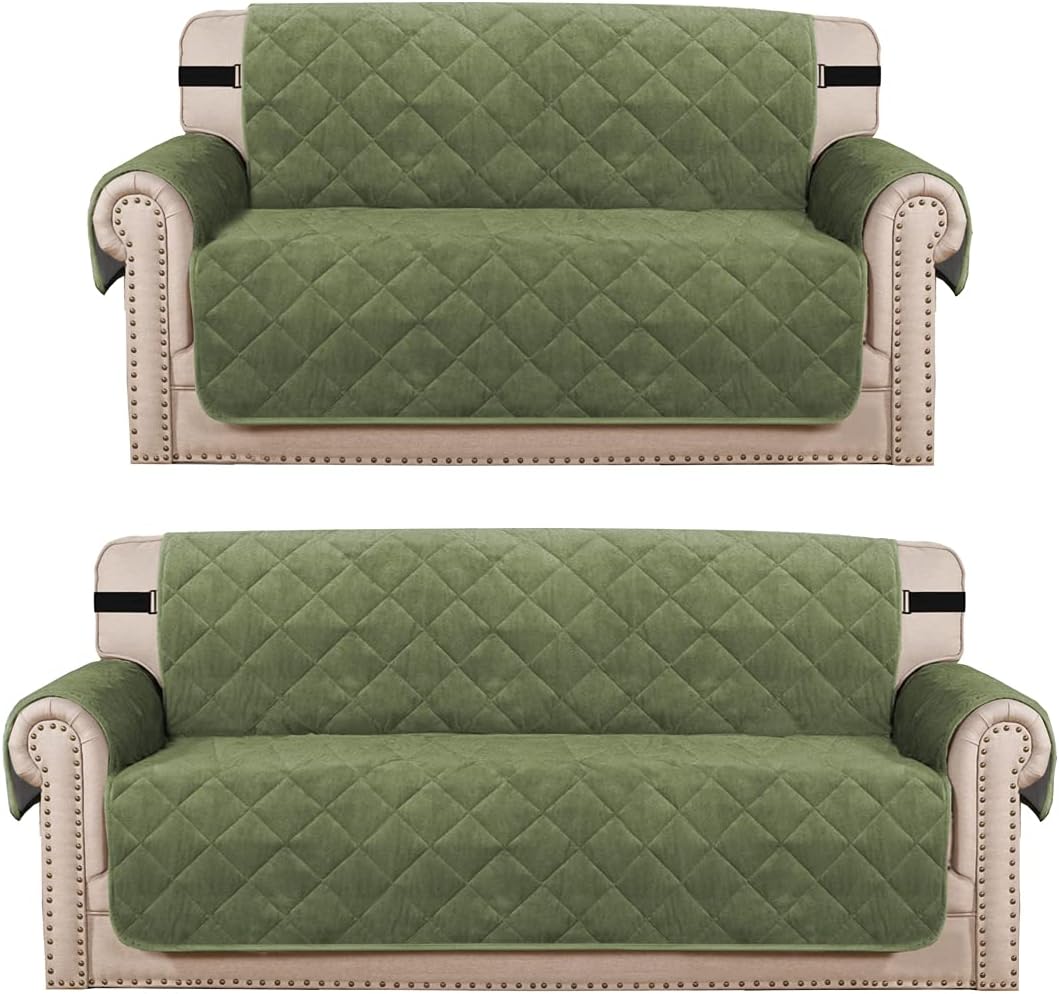 H.VERSAILTEX Velvet Plush Loden Loveseat Slipcover and Wider Sofa Slipcover Bundle