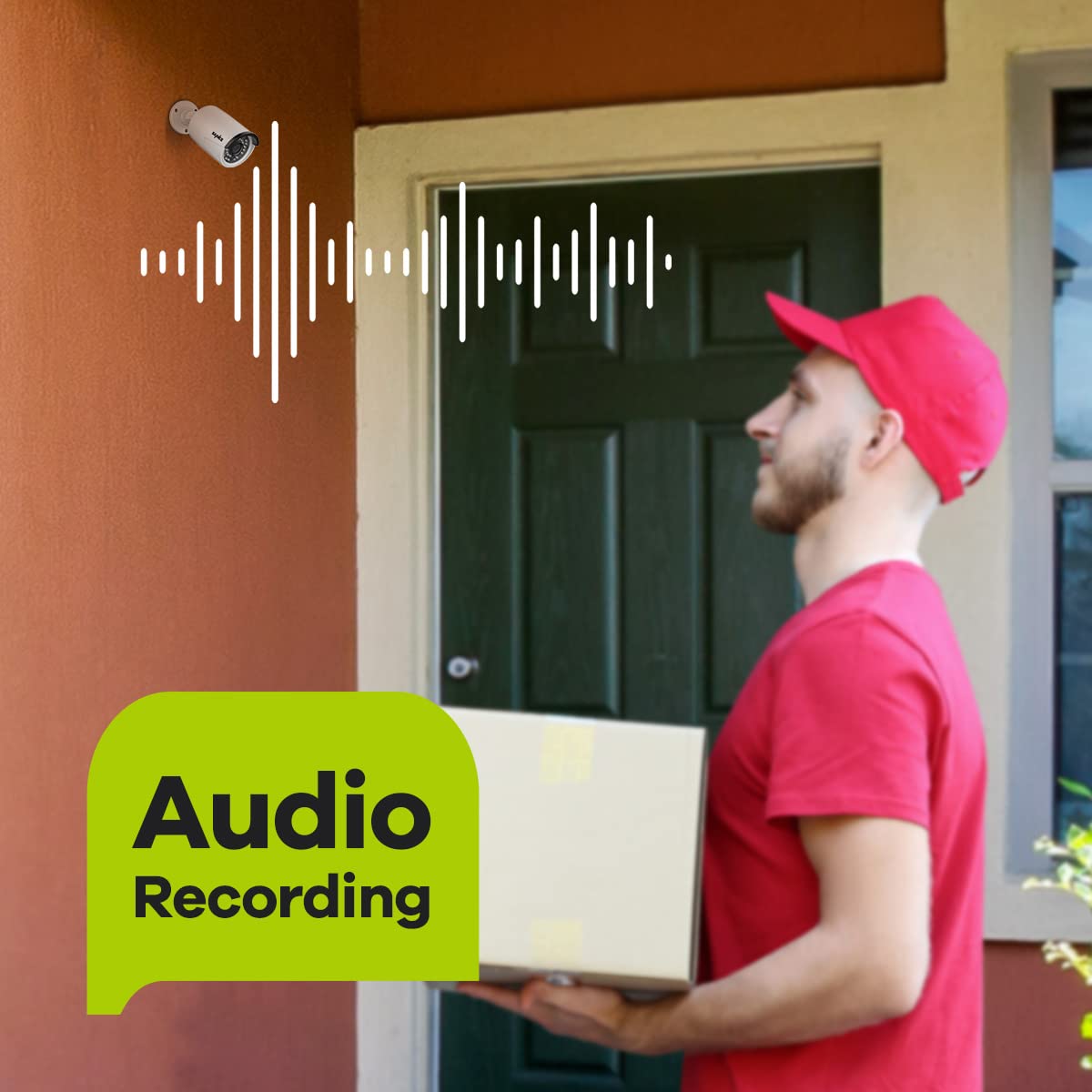 Image depicting audio recording capability with sound waves emanating from a camera