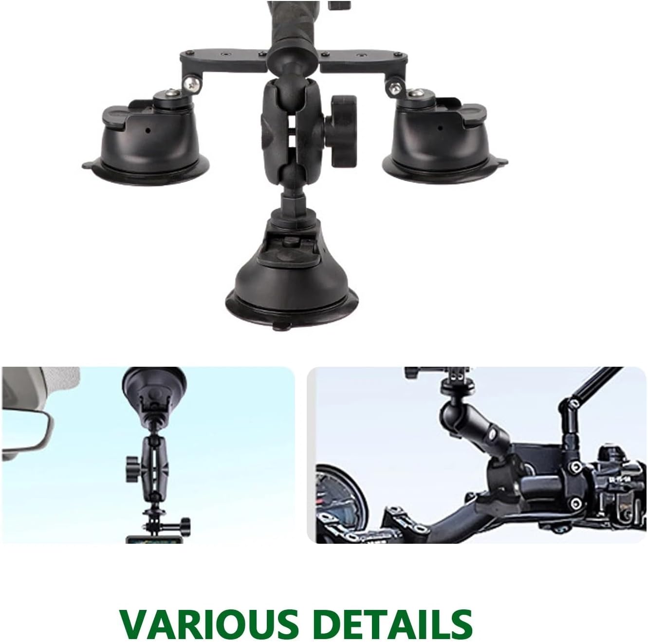 Car Suction Cup Mount Bracket, 11-44 Inch Extendable Selfie Stick, 360° Rotation 3 Strong Suction Cups Camera Holder for Action Cameras