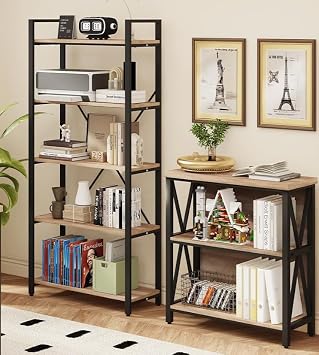 FATORRI Industrial 5 Tier Bookshelf and Small Bookcase for Home Office Rustic Oak