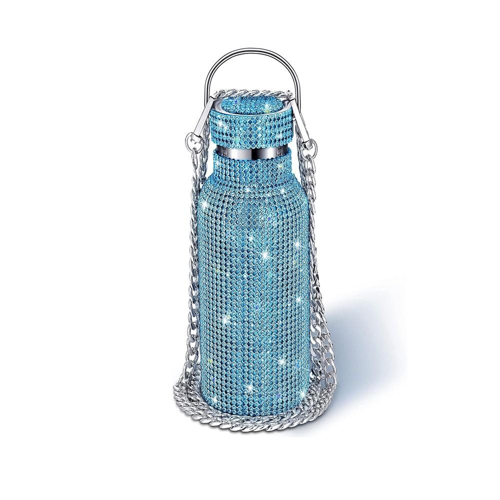 Rhinestones Water Bottle with Chain, 350/500/600/750/1000 Stainless Steel Glitter Tumbler with Chain, Bling Cups with Lids for Women Girl(750ml,Blue)