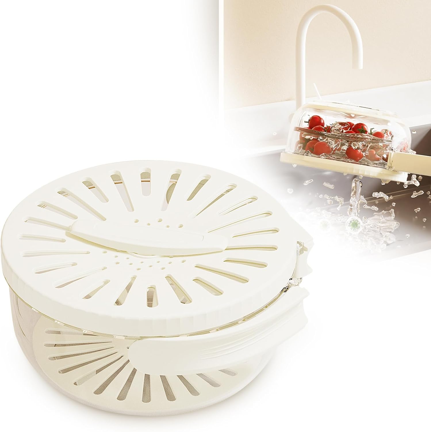 Fruit Storage Containers for Fridge, Bilayer Collapsible Fruit Washing Basket with Cover and Handle, Multifunctional Drain Bowl Keep Berry Fruit Vegetable Fresh Longer (White) Classic White