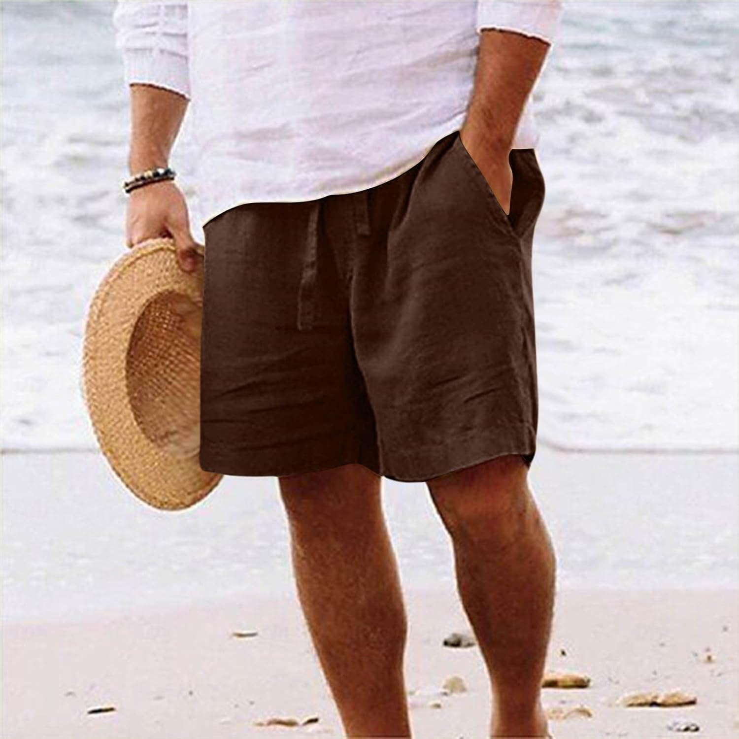 Mens Cotton Linen Bermuda Shorts Summer Wide Leg Casual High Waist Short Pants Stretch Mid Length Beach Shorts