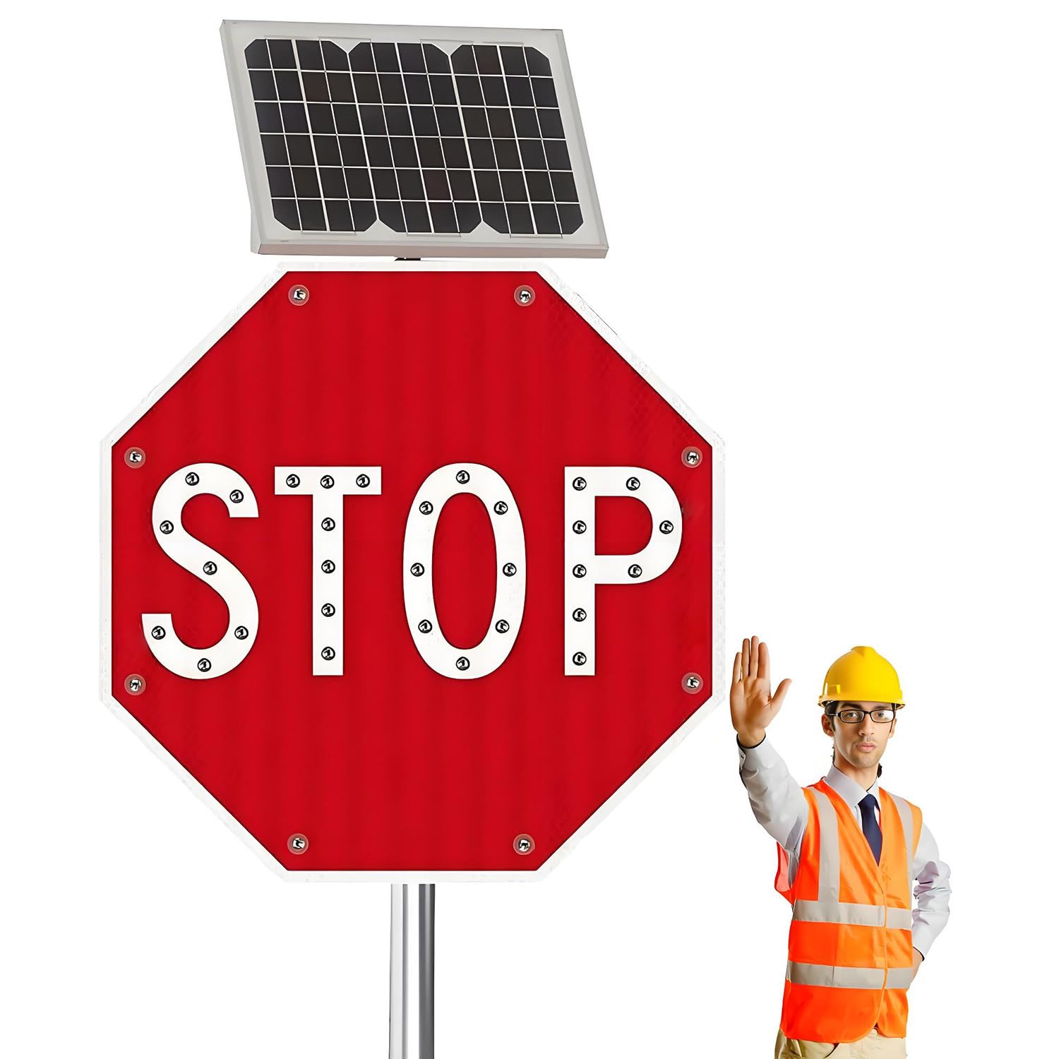 GTANND Solar-Powered Stop Sign,Aluminum Reflective Flashing Stop Signs,Octagonal Solar-Powered Led Stop Sign,Traffic Warning Stop Sign 60 * 60cm(24in)