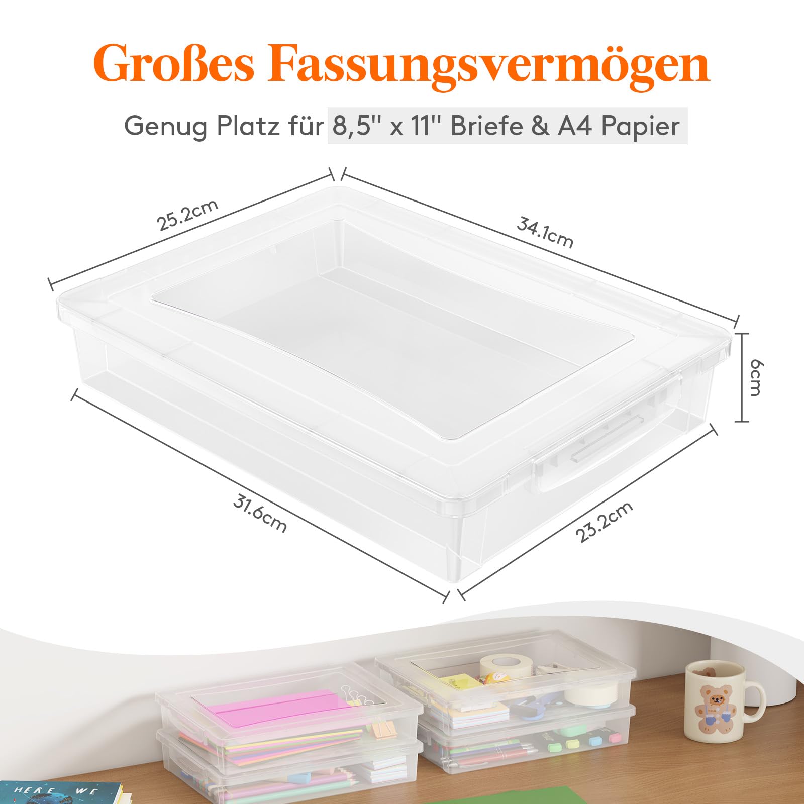 Lifewit 4 Pack 5L Aufbewahrungsbox A4 mit Deckel, Din A4 Box mit Clip-Verschlüsse, Dokumentenbox Archivbox, Storage Box für Bastelmaterial Papier Foto Künstlerbedarf Werkzeug, 32 x 23 cm/12x9, Klar