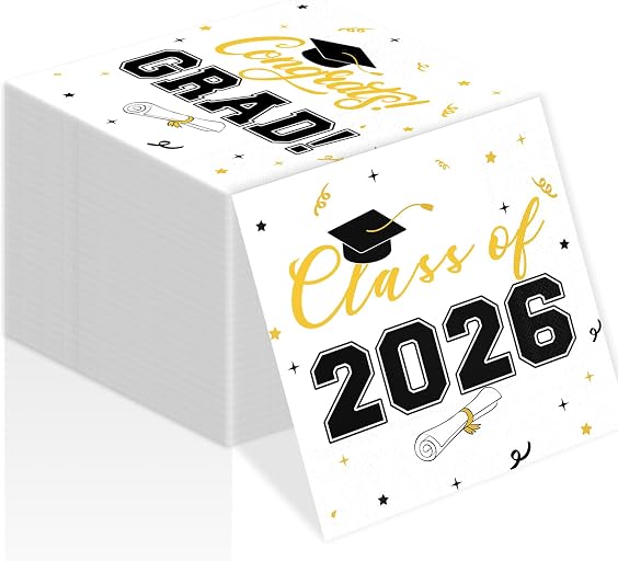 Class of 2026 Graduation Napkins, 3-Ply Disposable Congrats Grad Paper Napkins for Dinner and Cocktail Party Decorations, School and College, 6.5-Inch Square (100, Black)