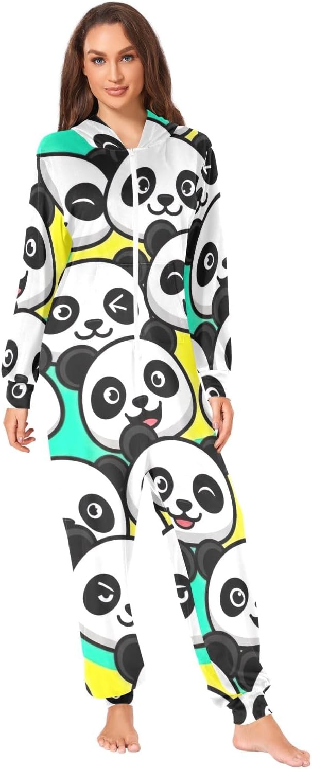 Cute Panda Adult Onesie Pajamas, Soft Plush Christmas Jumpsuit, Hooded One Piece Loungewear for Men Women