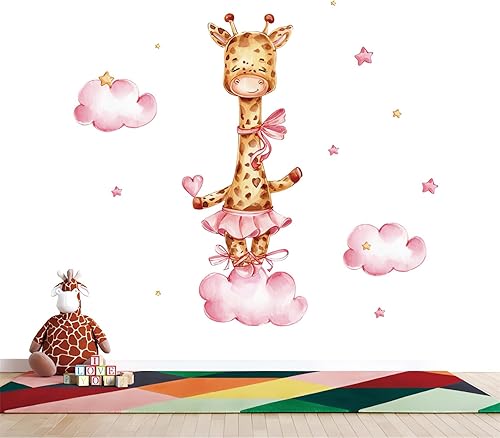 Miniatura 2 de Calcomanías de pared con diseño de jirafa rosa para bebé, diseño de amor de nube, dibujos animados, animales, vinilo extraíble, despegar y pegar