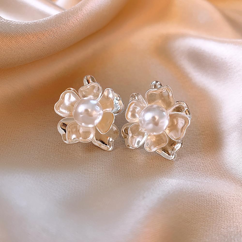Vintage Pearl Flower Studs Earrings for Women,14K Gold Exaggerated Statement Earrings Jewelry for Gifts Party Prom,Chunky Flora Stud Earrings - Image 5