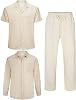 Mens Linen Sets Outfits: 3 Piece Beach Button Down Shirts Casual Loose Pants Short Sleeve Walking Suits Khaki