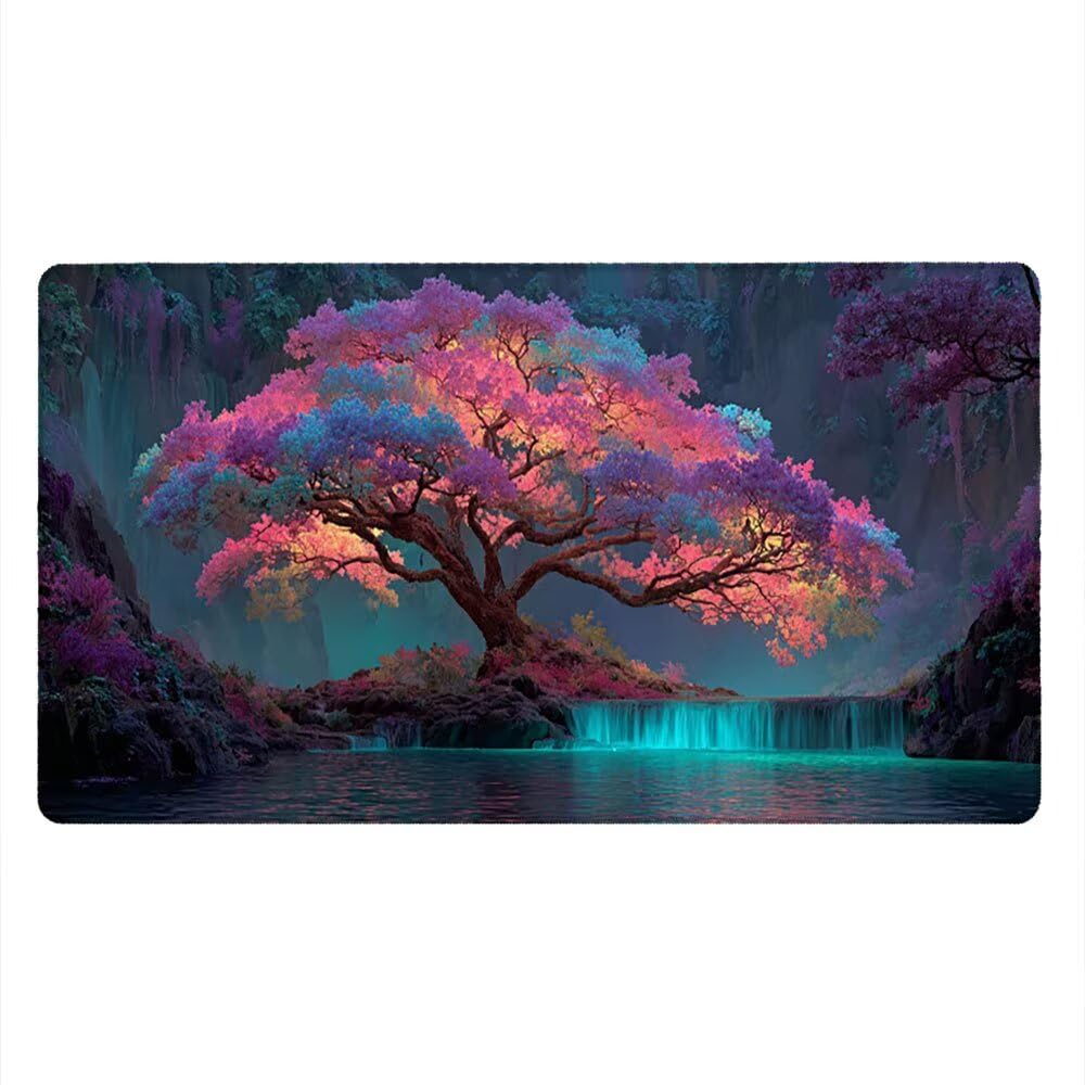 Duża podkładka pod mysz do gier XXL 1200 x 600 x 3 mm z zszytymi krawędziami, trwała antypoślizgowa podstawa z naturalnej gumy, zmywalna podkładka na klawiaturę, gry, dom biuro, drzewo życia wodospad