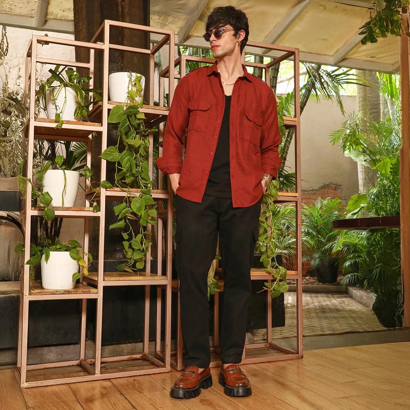 Image of CAHOOT Men's Olive Shirt Casual Wear | Shawl Collar | Long Sleeve | Button Closure | Shirt Crafted with Comfort Fit for Everyday Wear