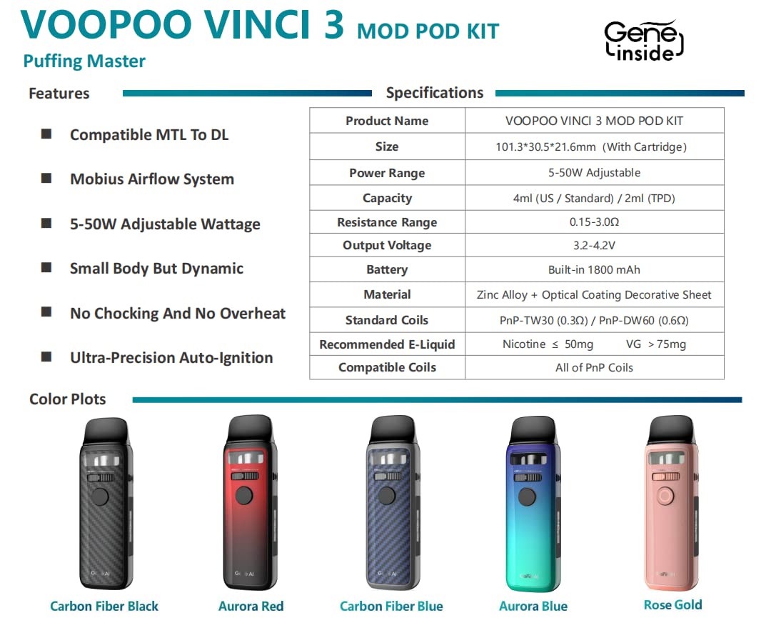 VOO'POO VINCI 3 Kit - VINCI 3 MOD POD + Batera in 1800 mAh - PnP-TW30 +  Bobina PnP-DW60 - Vaporizador E-cigarrillo - Sin nicotina/e-liquido :  Amazon.es: Electrnica