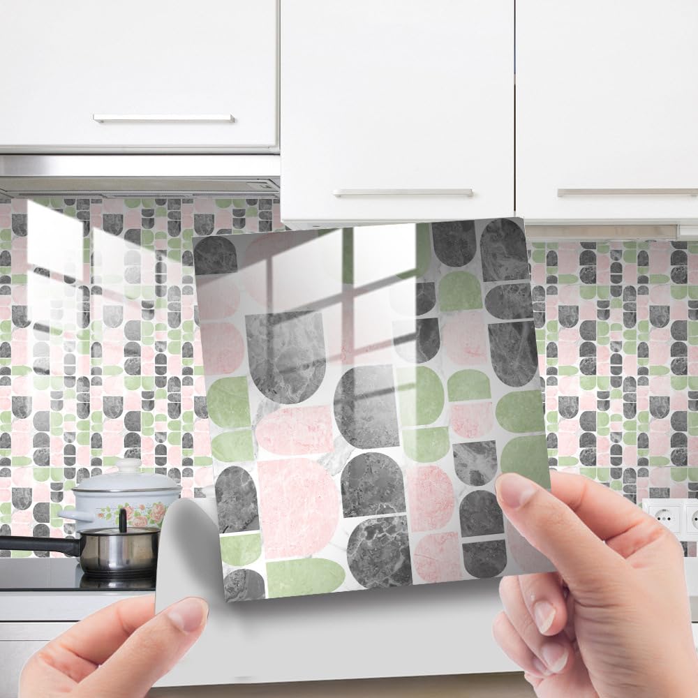 LMYSXAOZ 20 PCS Tile Stickers Stick on Tiles, Self Adhesive Wall Tiles for Kitchen Bathroom, Oil Proof Peel and DIY Floor Semicircle Geometry (Pink Green,30x30cm)