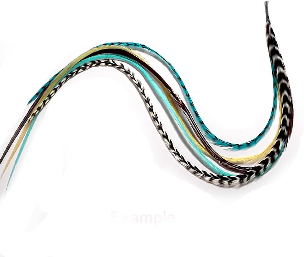 Feather Hair Extension – Indian Blue, Turquoise, Brown, and Grizzly Feathers, Five Real Rooster Feathers Bonded Together, Ranging From 6 to 10 Inches in Length, One Extension